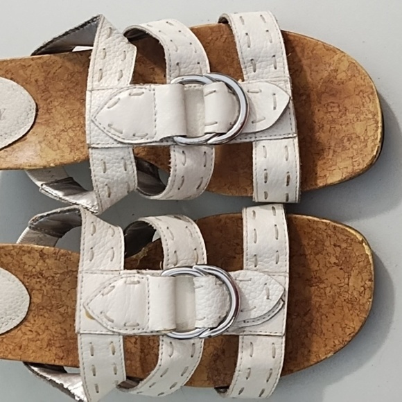 White Wedge Sandals with Leather Straps Stitching Cork Soles - Picture 11 of 13